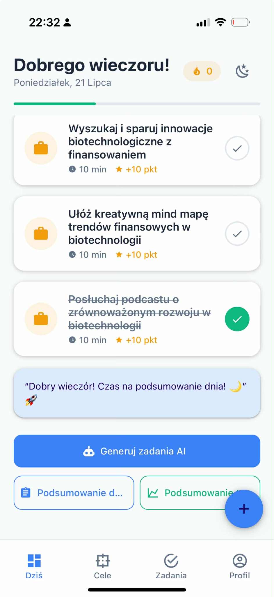 Interfejs aplikacji DailySpark pokazujący system 15-minutowych zadań